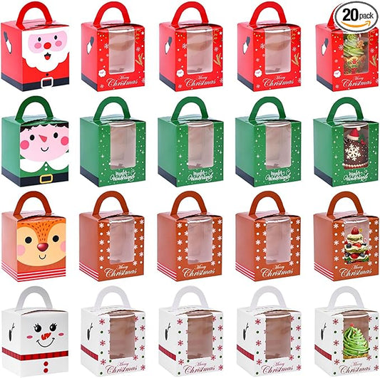 20PCS Colorful Christmas Cupcake Boxes, Cookie Boxes with Window for Party Favors Pastries Donuts Family Friends 3.7"x 3.7"x 4.3"