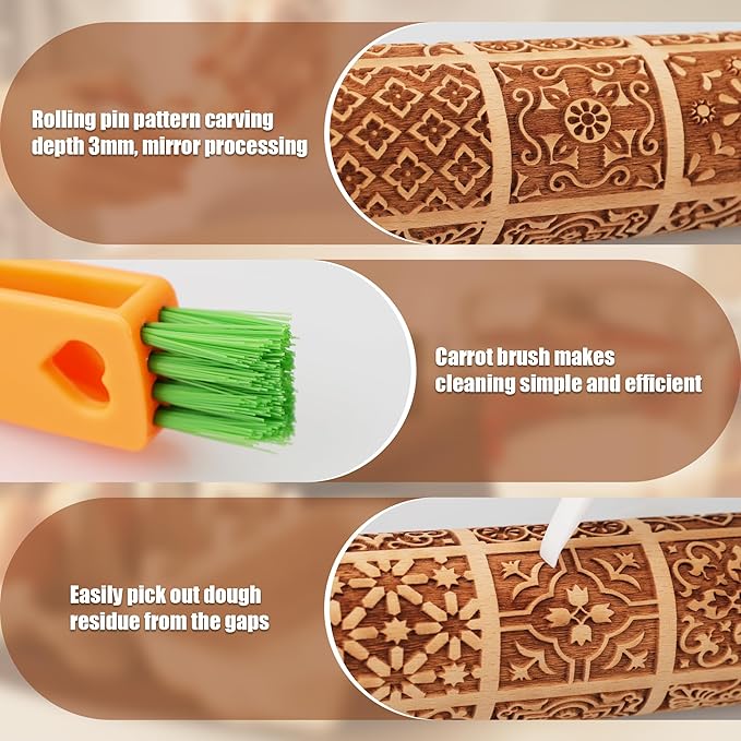 17" Premium Wooden Rolling Pins for Baking with European Embossed Designs | 3mm Deep Springerle Cookie Molds | Christmas Rolling Pin & Baking Gifts for Women | Includes 3-in-1 Cleaning Brush