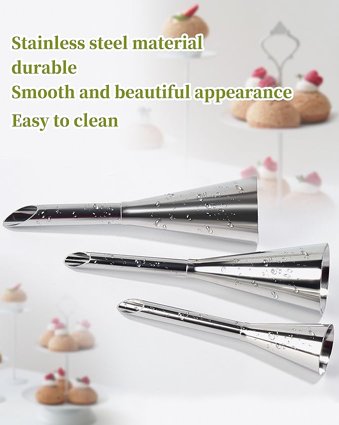3Pcs Cream Icing Piping Nozzle Tips,Stainless Steel Long Cream Puff Nozzle Decor Small Pastry Icing Piping Decorating Tools