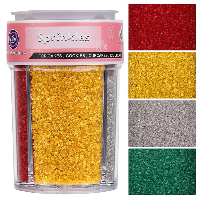 Sanding Sugar Christmas Sprinkles for Cake Decorating, 4 Colors Holiday Sprinkles Silver Gold Red and Green Sparkling Decorating Coarse Sugar Crystals for Cupcakes Cookie Ice Cream Baking Topping