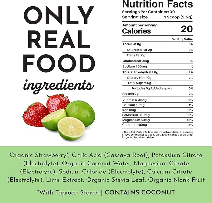 JUST INGREDIENTS Strawberry Limeade Electrolytes – 30 Serving Bag – Hydration Drink Mix with Essential Minerals – Remineralizing Formula – No Sugar Added – Supports Energy – Vegan, Non-GMO
