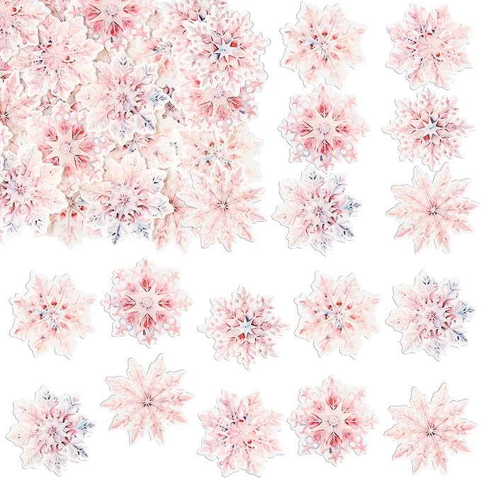 Gyufise 60Pcs Edible Snowflake Cupcake Toppers Winter Cupcake Picks Water Paper Winter Frozen Cake Decorations for Snowflake Theme Baby Shower Kids Birthday Party Supplies Multi Pink
