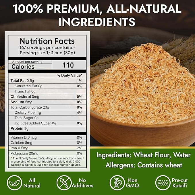 Dolce Calma Roasted Kataifi Dough 11 lb Bulk Pack | Kadayif for Dubai Chocolate Bar & Kunafa Desserts | Pre-Toasted Shredded Fillo for Baklava & Bakery Creations