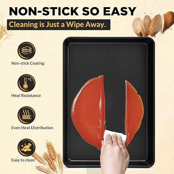 Saker nonstick baking sheet pan set,EvenHeat Baking Sheets Set of 2, Non-Stick Cookie Pan for Perfect Baking Results, Oven Safe Carbon Steel Bakeware (Black)