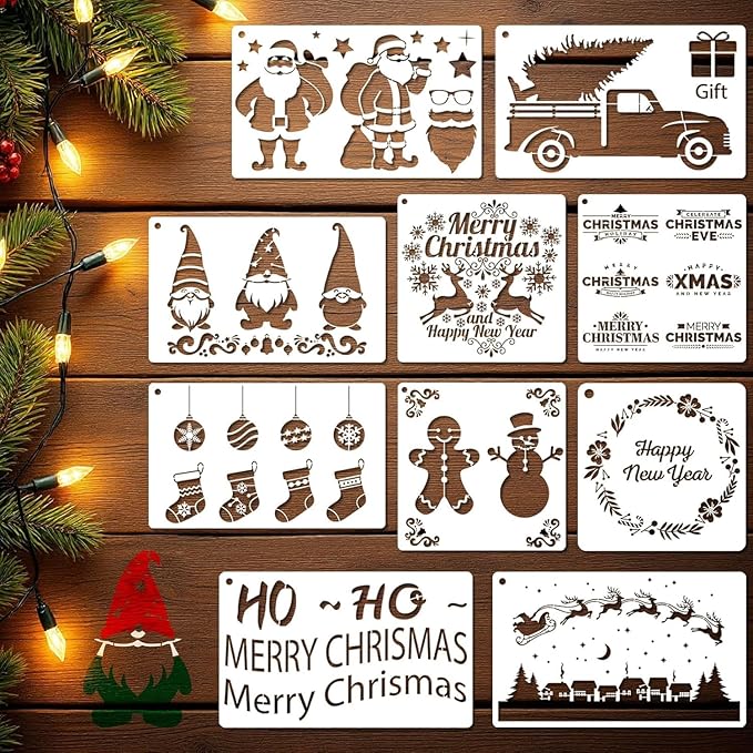 YKW 10 Pcs Large Christmas Stencils Set - Reusable 14.1x8.6 Inch Holiday Templates for Painting on Wood and DIY Decor - Snowman, Tree, Reindeer Designs - Craft Kit for Adults - Festive Art Supplies