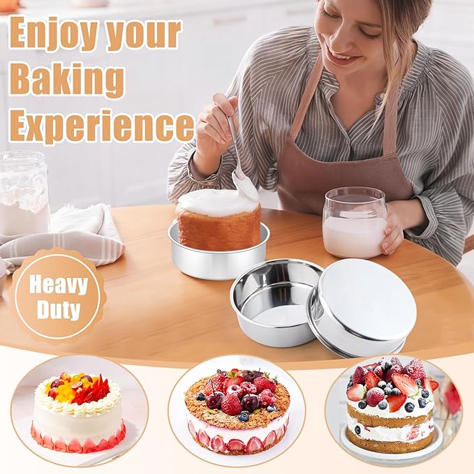 Round Cake Pan Set of 4, 6 inch Stainless Steel Cake,Small Baking Pans For Baking, Serving, Steaming, Mirror Finish & Dishwasher Safe