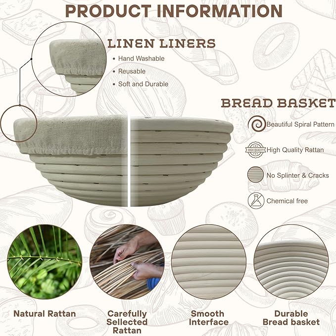 [Upgraded] Banneton Bread Proofing Basket 2 pack 9" Round With Liner, Natural Rattan Basket Perfect for Professional & Home Sourdough Bread Baking, Artisan Sourdough Bread. (Set 2 pack 9" Round)