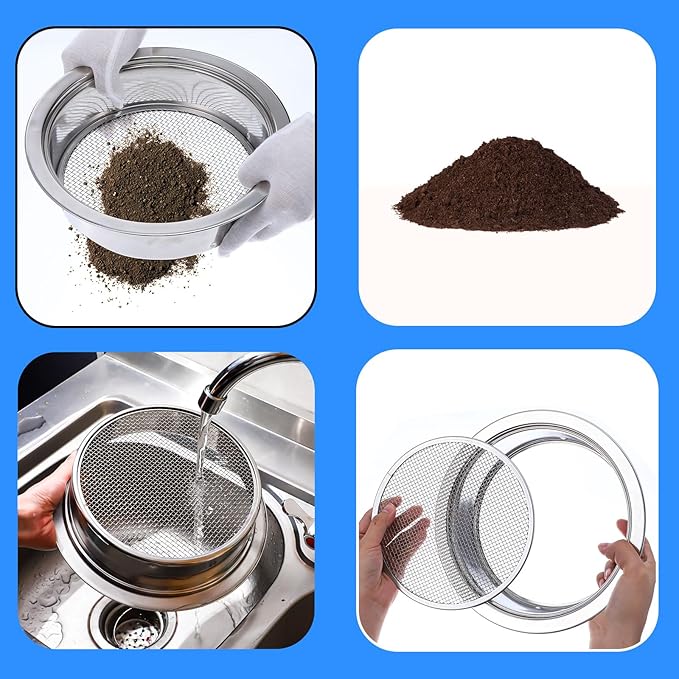 Soil Sieve Sifter Set, Stainless Steel, 3 Interchangeable Mesh Screens (3,6,9mm), Garden Sieve Set, Sifting Screen for Dirt, Sand, Rock, Compost, with Soil Scoops Gardening Tool