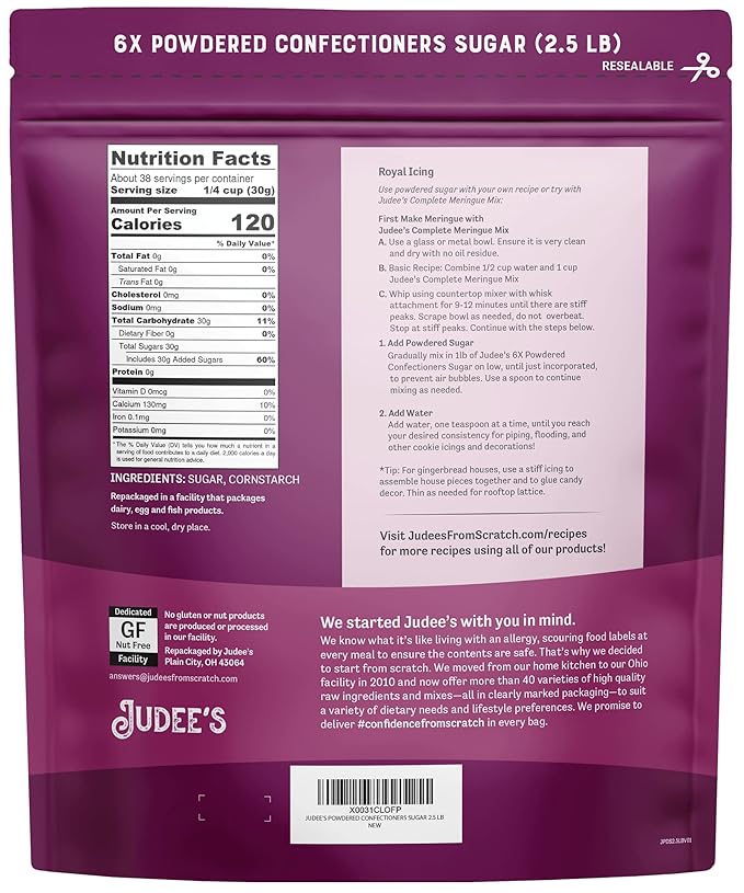 Judee’s 6X Powdered Confectioners Sugar 2.5 lb - 100% Non-GMO, Gluten-Free, and Nut-Free - 6X Size Perfect for Icings, Frostings, and Dusting Baked Goods