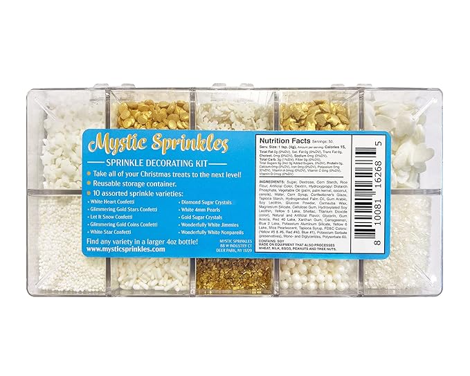 Mystic Sprinkles Christmas Holiday sprinkle Decorating Kits (Dreaming of a White Christmas in Gold Sprinkle Decorating Kit 7oz)