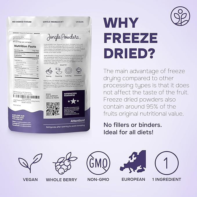 Jungle Powders Blackberry Powder for Smoothie 7 Ounce Bag, Powdered Freeze Dried Blackberries, Purple Superfood Flavoring Extract for Baking Flavoring