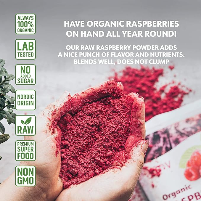 Organic Freeze-Dried Raspberry Powder – 100% Natural Whole Fruit, Certified Organic Red Raspberries – Perfect for Smoothies, Shakes & Baking – Non-GMO, No Added Sugar – 6oz (33 Servings)