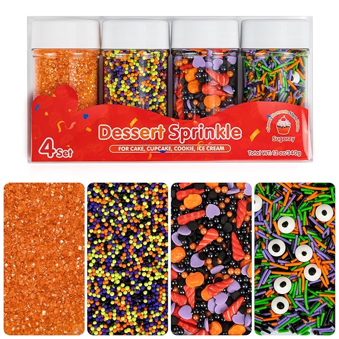 Halloween Sprinkles,Edible Candy Eyeballs,4 Pack,12 ounces,Nonpareils Sprinkle,Thanksgiving Sprinkle,Orange Pumpkin Black Green Pearls Jimmies Sanding Sugar Mix,Perfect for Cake Decorations,Baking,Cookies, Cupcake Topper