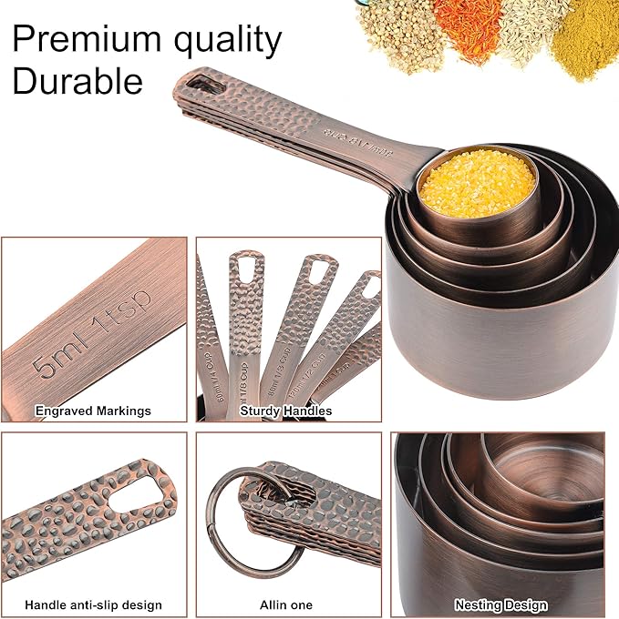 Smithcraft Copper Measuring Cups and Spoons Set 14, Stainless Steel Measuring Cups and Spoons for Baking&Kitchen, Metal Metric&US Dry&Liquid 5 Measure Cups & 6 Spoons with Leveler&Conversion Chart