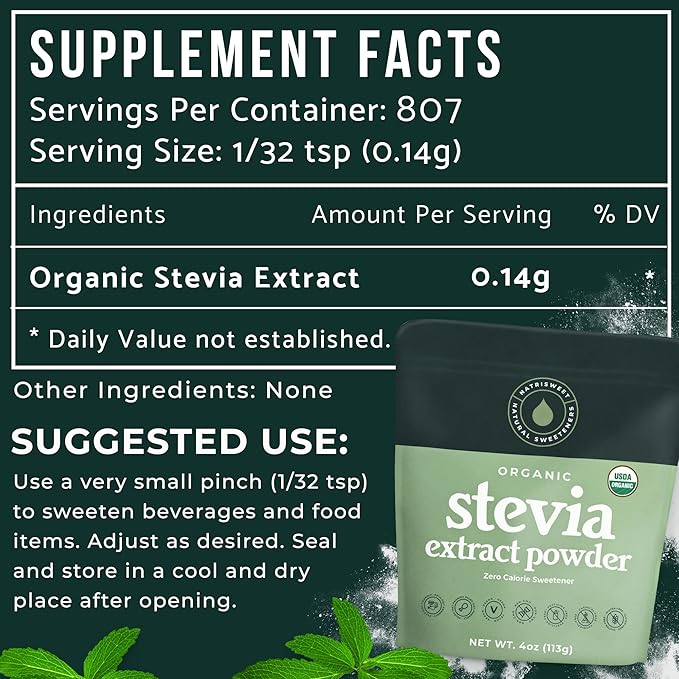 Organic 100% Pure Stevia Powder, 4 oz, Satisfies Sweet Cravings, Lowers Blood Sugar Levels for Diabetics, Bulk Powdered Stevia Extract Sweetener for Better Baking & Beverages, 800+ Servings by NatriSweet