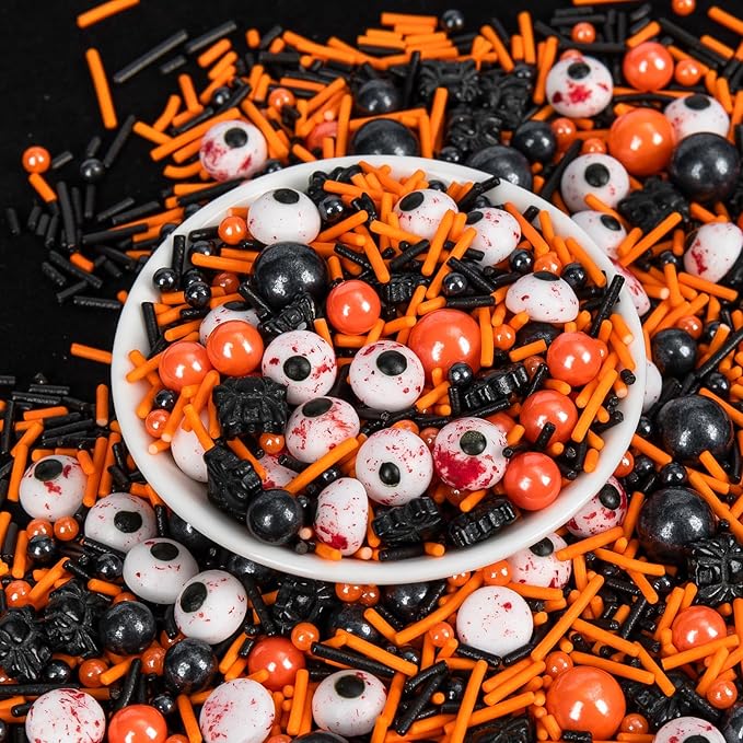 Edible Terrifying Sprinkles,Candy Bloody Eyeballs,Orange Pearls Black Spider Sprinkle Jimmies Mix,130g,Perfect for Cake Decorations,Baking,Ice Cream,Cookies,Cupcake Topper,Halloween Thanksgiving Christmas Supplies Children's Party