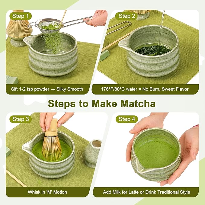 Matcha Whisk Set, 7Pcs Matcha Set - Matcha Bowl with Spout, Handcrafted Bamboo Whisk & Ceramic Holder, Steel Sifter, Towel, Matcha Kit for Tea Ceremony, Timeless Ideal Gift (Speckled green)