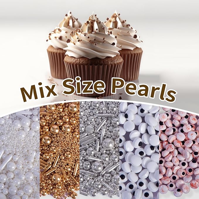 White Pearl Sprinkles and Edible Pearls, 120g (4.23oz), Cake Decorating Supplies, Shiny Cake Pearls for Cookies, Cupcakes, Cake Decorating
