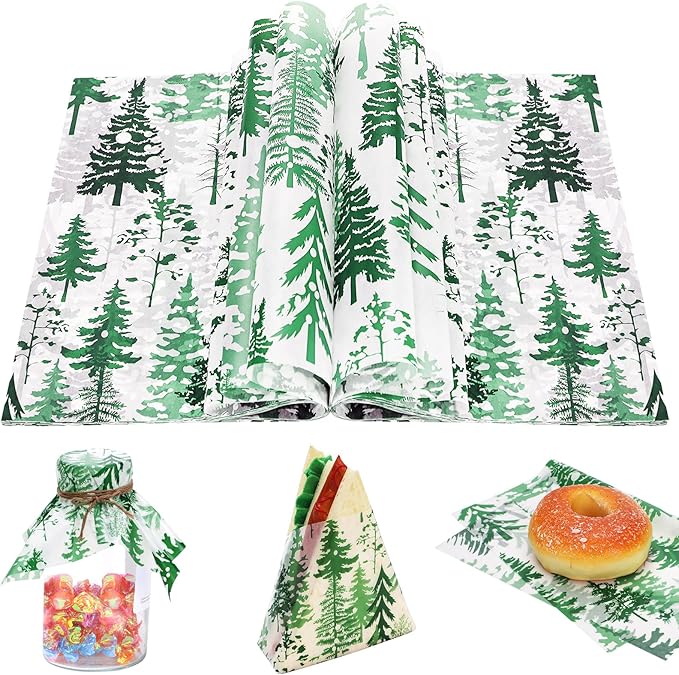 150Pcs Christmas Tree Deli Paper, 9.8 x 8.3'' Forest Grease Proof Food Deli Sheets, Resistant Sandwich Wrap Liners Greaseproof Food Wax Paper for Xmas Winter Party Supplies (Bluish Green)