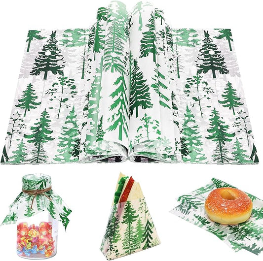 150Pcs Christmas Tree Deli Paper, 9.8 x 8.3'' Forest Grease Proof Food Deli Sheets, Resistant Sandwich Wrap Liners Greaseproof Food Wax Paper for Xmas Winter Party Supplies (Bluish Green)
