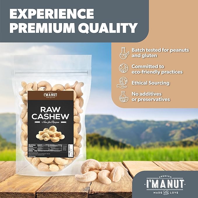 Premium Raw Cashews 16oz (1 lb.) Non-GMO, No Additives Batch Tested Gluten & Peanut Free, Resealable Pouch for Freshness, Unsalted Cashews - Perfect for Pesto, Salads, Gourmet Cooking and Baking
