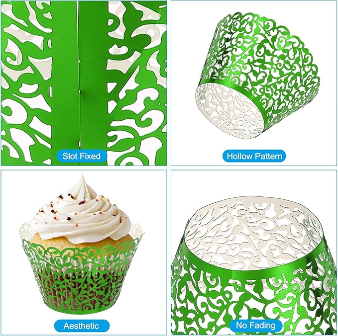 PATIKIL Cupcake Wrappers Paper, 50 Pack Baking Cups Standard Vine Decoration for Anniversary Birthday Weddings and Parties, Reflective Green