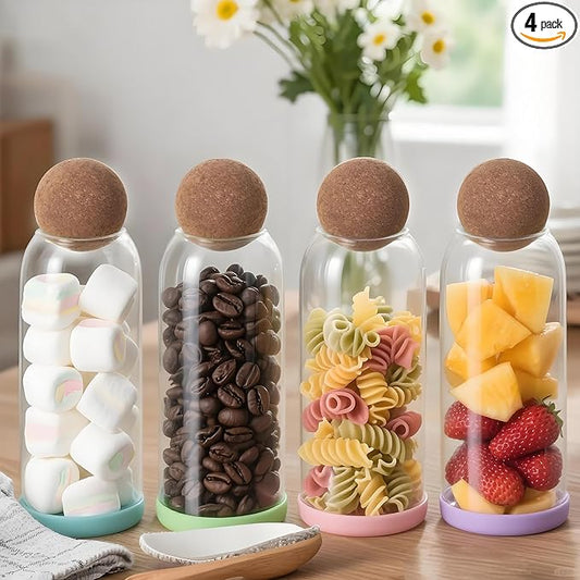 4 pcs 34oz/1000ML Glass Storage Container with Ball Cork Glass Jars with Cork Lids Glass Food Storage Containers with Ball Stopper Coffee Canister for Beans,Nuts,Oats,Spices,Candies,Biscuits