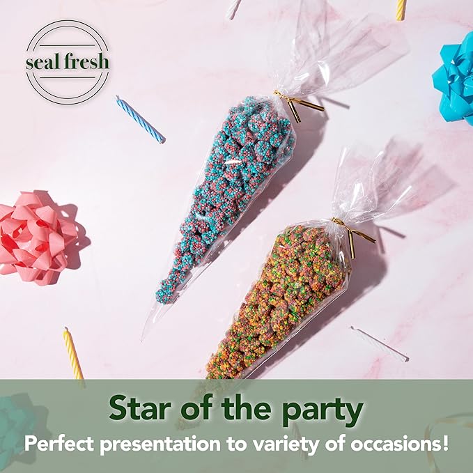 Seal Fresh Cone Cellophane Bags with Twist Ties – 7 x 15 Inch (120 Pack) — Clear Cone-Shaped Treat Bags for Candy, Snacks, Party Favors, Popcorn, Gifts