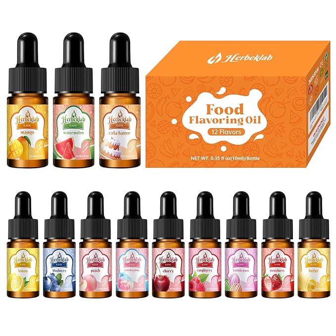 Food Flavoring Oil - Herbeklab Candy Flavoring for Candy Making 12 x 0.35 Fl Oz Extracts and Flavorings for Baking Lip Gloss Flavoring Oil - with Glass Dropper