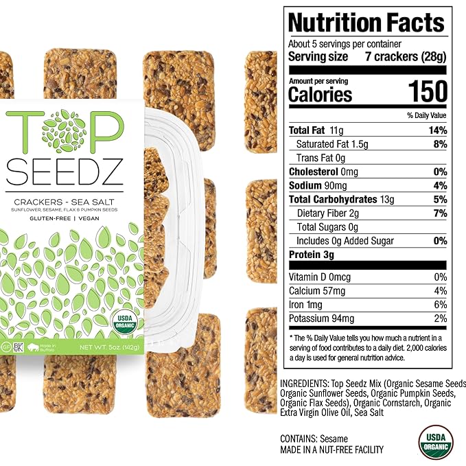 Top Seedz Deluxe Organic Gluten Free Vegan Seed Crackers and Roasted Seeds Bundle | 1 Pouch of Sea Salt Roasted Seeds | 5 Packs of Sea Salt Crackers