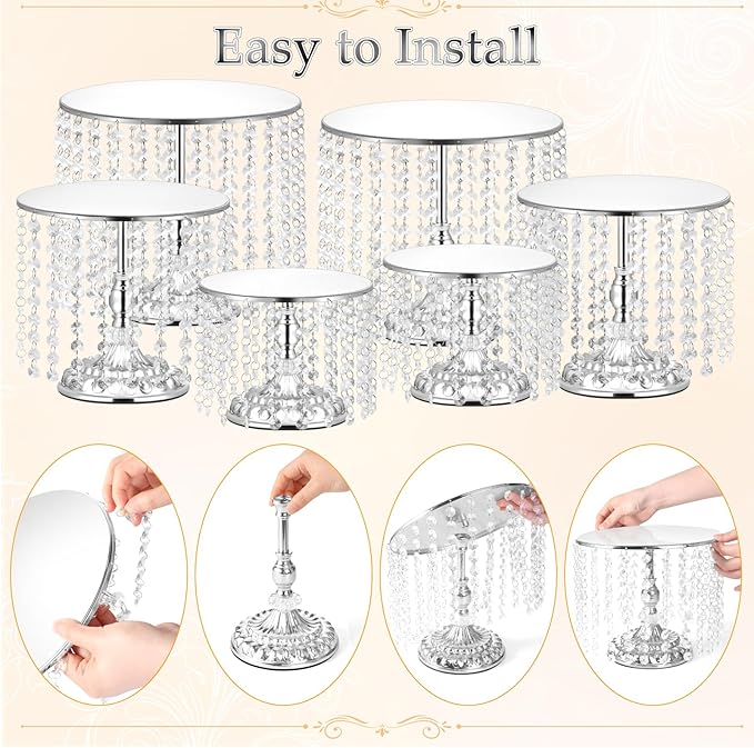 12 Pieces Silver Cake Stand Set, Vintage Cake Display Stand with Crystal Edge and Cupcake Display Tray, Dessert Table Display Set for Wedding Party Baby Shower Anniversary Celebration