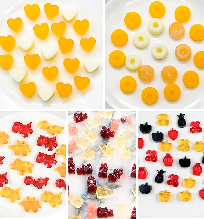 5 PCS Gummy Candy Molds Silicone, Food Grade Non-Stick Gummy Bear Mold Mini Fruit Snacks Molds BPA Free with 2 Droppers Including Mini Dinosaur, Bear, Heart, Fruit and Donut (Multicolor)