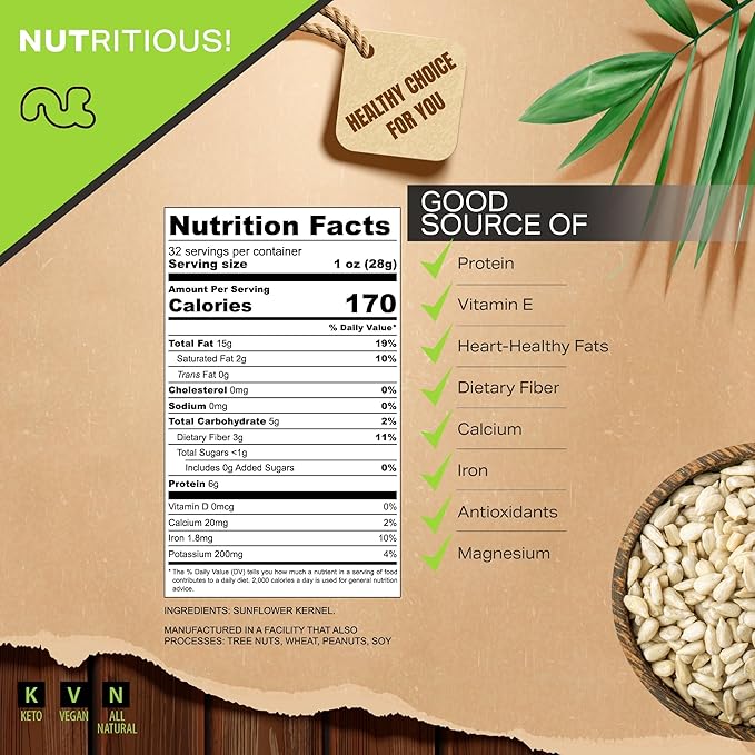 NUT CRAVINGS - Raw Sunflower Seeds Kernels to eat, Unsalted, Shelled Hulled, (32oz - 2 LB) Bulk Nuts Packed Fresh in Resealable Bag - Kosher Healthy Snack, Food Assortments Ideal for Trail Mixed Nuts