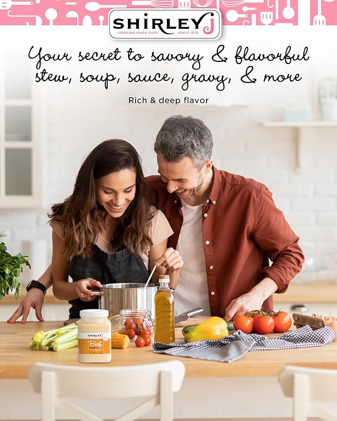 Shirley J Bouillon Powder - Rich, Concentrated, & Less Sodium Chicken Bouillon - Easy to Use Powder for Soup, Stew, Gravy, & More (1 LB, Beef)