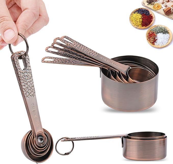 Smithcraft Copper Measuring Cups and Spoons Set for Baking & Kitchen, Stainless Steel Measuring Cups & Spoons Set, 5 Dry Measure Cup and 6 Metric Measure Spoon with1 Measure Ingredient Leveler