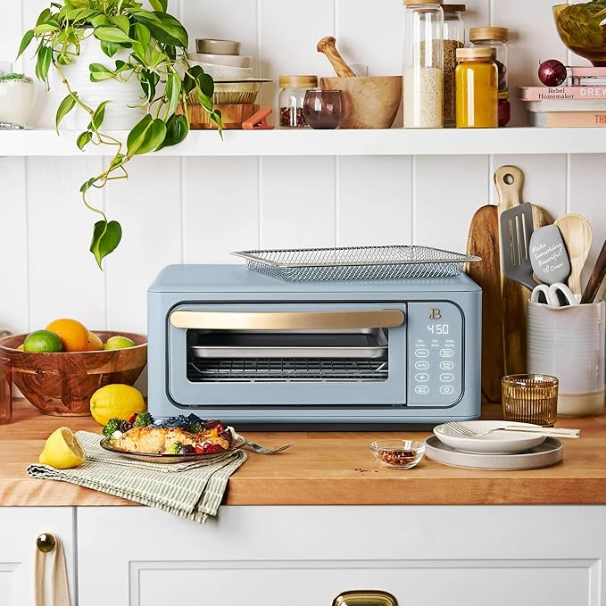 Beautiful Infrared Air Fryer Toaster Oven Kit – Special Edition Multi‑Function Countertop Oven with 10 Presets, Fast Heating & Accessories by Drew Barrymore (Blue)