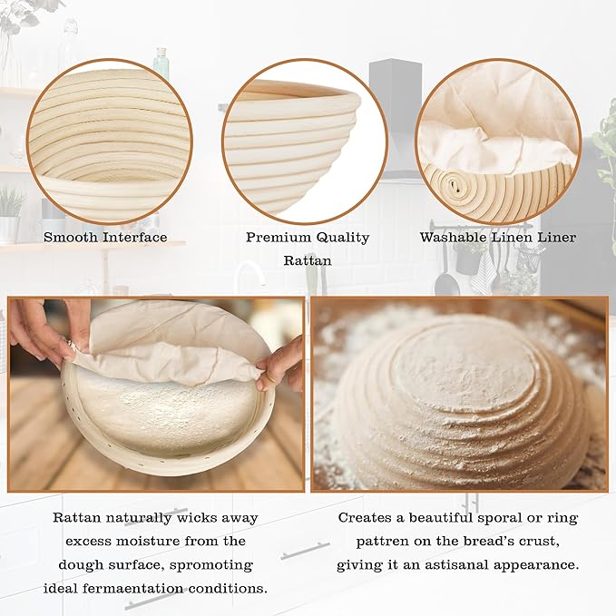 2 Pack Bread Proofing Baskets for Sourdough – 9 Inch Round Banneton Bowls with Linen Liners – Natural Rattan Dough Rising Baskets for Artisan Bread, Home & Bakery
