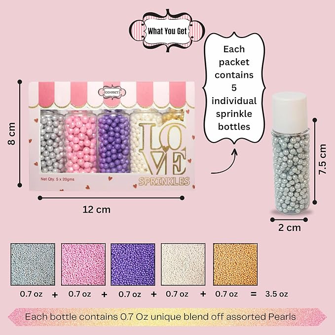 Confect Pearl Sprinkles | Sprinkles for Cakes & Cupcakes Decoration | Assorted pack of 5 Royal Unicorn | Mix Sliver, Baby Pink, Purple, White & Golden Dragees | Vegan, Gluten-Free, Nut-Free, Soy-Free, Dairy-Free, Palm Oil-Free, No Artificial Dyes - 5 Oz