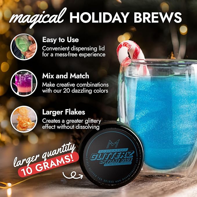 MONÉGASQUE Skyline Blue Edible Glitter for Drinks 10g – Blue Edible Glitter for Cakes & Cupcakes - Food Decorating Sprinkles & Christmas Cake Decorations Spray - Beverage & Cocktail Drink Flakes