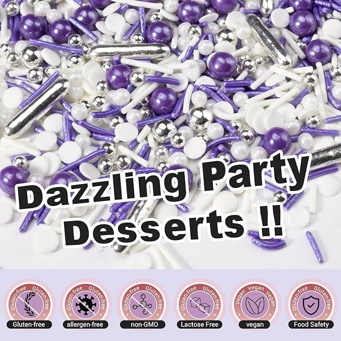 Huebeaty 6-in-1 Purple Sprinkles for Cake & Cupcake Decorating – 180g Edible Sanding Sugar & Pearl Sprinkles Mix for Birthday, Wedding, Unicorn & Mermaid Themes (Purple and Silver)