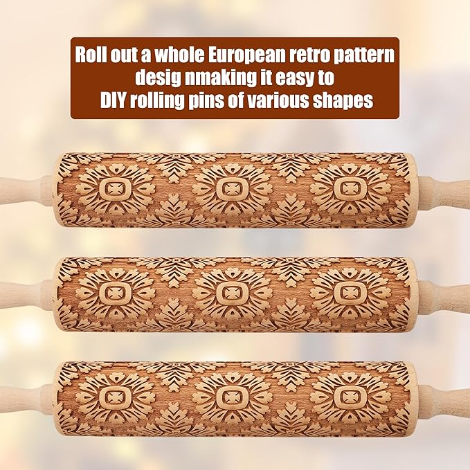 17" Premium Wooden Rolling Pins for Baking with European Embossed Designs | 3mm Deep Springerle Cookie Molds | Christmas Rolling Pin & Baking Gifts for Women | Includes 3-in-1 Cleaning Brush