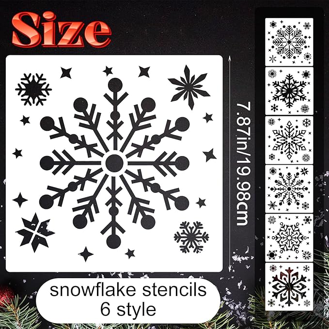 6 Pack Christmas Snowflake Stencils for Crafts, 8 Inch Reusable Snowflake Drawing Painting on Wood, Winter Holiday Snow Flake Stencils Template for Christmas Xmas Window Wall Home Decor