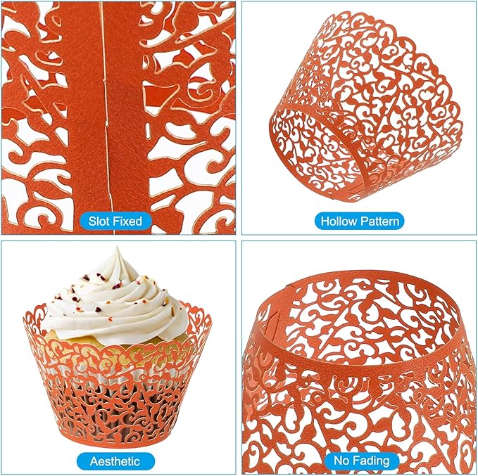 PATIKIL Cupcake Wrappers Paper, 50 Pack Baking Cups Standard Vine Decoration for Anniversary Birthday Weddings and Parties, Orange Red