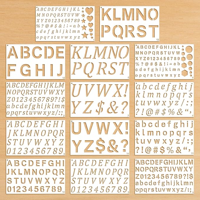 14 Pack Letter Stencils and Numbers Symbols 1/2, 3/4, 1, 2 Inch Reusable Small Letter Stencils for Painting Plastic Alphabet Stencil for DIY Crafts Journaling Painting (9.8 x 5.9 Inch)