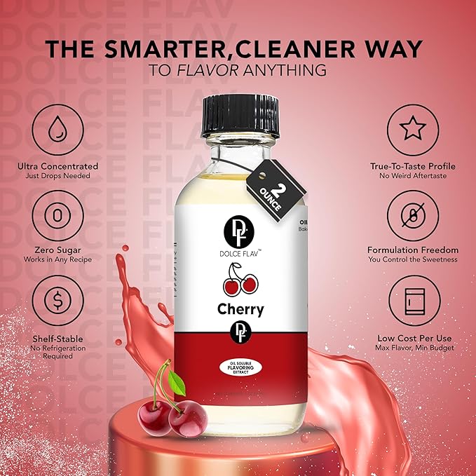 Dolce Flav Cherry Extract – 8 Ounce Oil-Soluble Kosher, Sugar-Free, Concentrated Fruity Flavor for Candy, Chocolates & Desserts