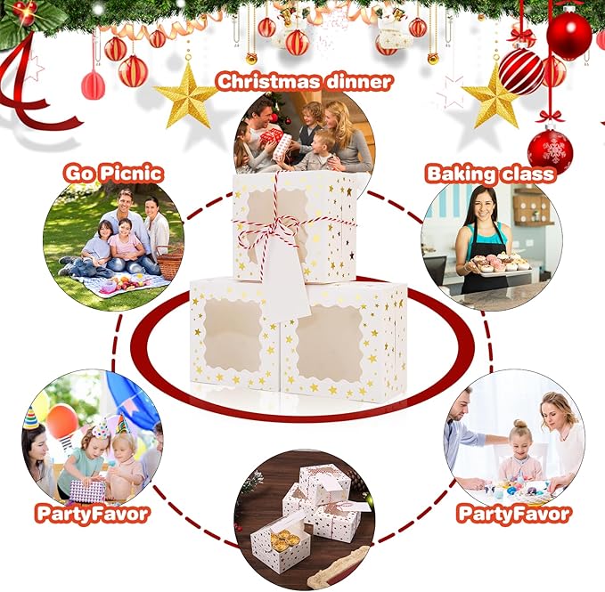 BEVOING 36 Pcs 6x6x3 Inches Christmas Cookie Boxes, White Bakery Boxes with Window Gold Foil Star 6 Inch Mini Cake boxes Small Treat Boxes for Cookies Pastry Dessert Cupcakes Candy Donut Packaging