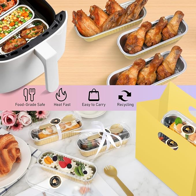 OcePor 50 Pack Mini Loaf Pans With Lids，Mini Cake Pans With Lids and Spoons，6.8oz Bread Loaf Pans Disposable，Small Aluminum Cake Tins,Baking Pans Individual (Gold)
