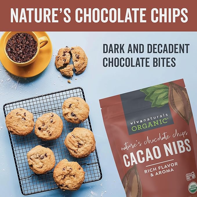 Viva Naturals Organic Cacao Nibs, Unsweetened, 8 oz (227 g), Keto Friendly, Vegan, Non-GMO, Gluten-Free Chocolate Chip Substitute