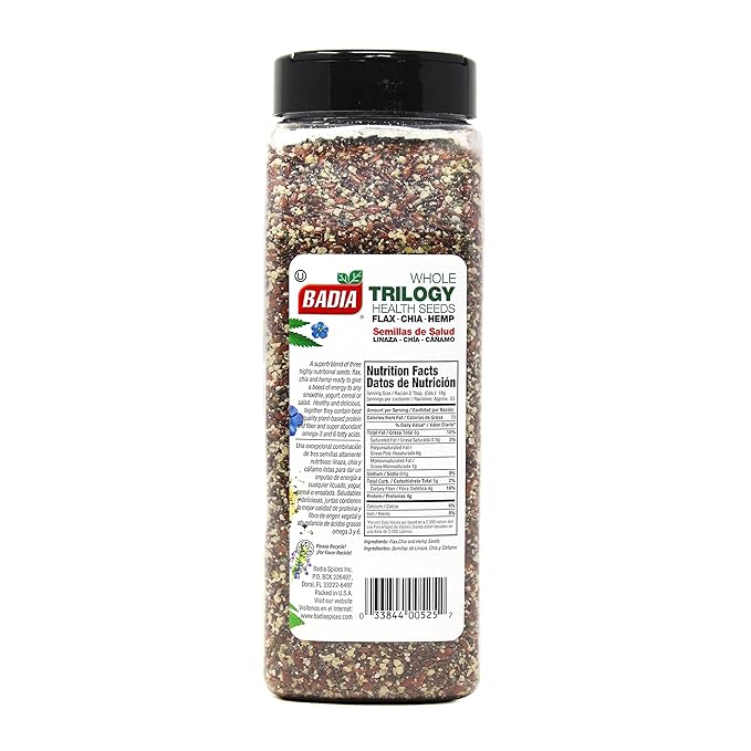 Badia Trilogy Health Seed, Flax, Chia, Hemp Seeds Blend, High Fiber Superfood Mix, Omega-3, 21 oz