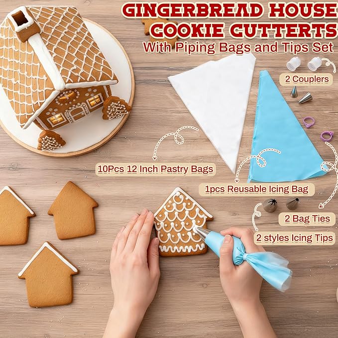 4 Set Gingerbread House Cookie Cutters with Piping Bags Tips Set Christmas Cookie Cutters 3D Gingerbread House Kit for DIY Christmas Holiday Biscuit Cake Dough Fondant Baking Dough Tool Gift